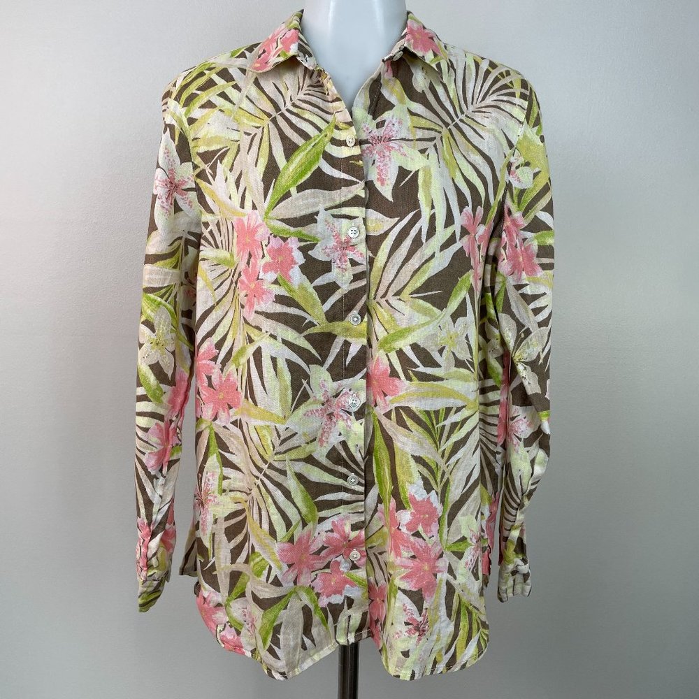 J. Jill Linen Top XS Floral Brown Green Pink Button-Front Shirt Women's Tropical